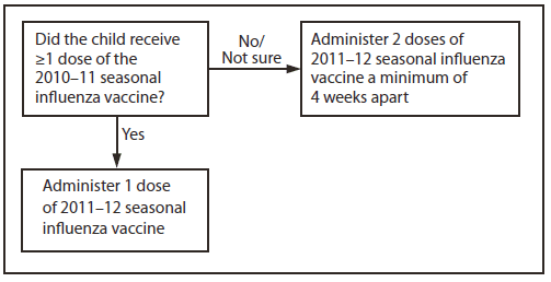 The figure shows an influenza vaccine dosing algorithm for children aged 6 months through 8 years. If the child did not receive ≥1 dose of the 2010-11 seasonal influenza vaccine or if the provider is not sure, 2 doses of 2011-12 seasonal influenza vacine should be administered a minimum of 4 weeks apart. If the child did receive ≥1 dose of the 2010-11 seasonal influenza vaccine, 1 dose of 2011-12 seasonal influenza vacine should be administered.